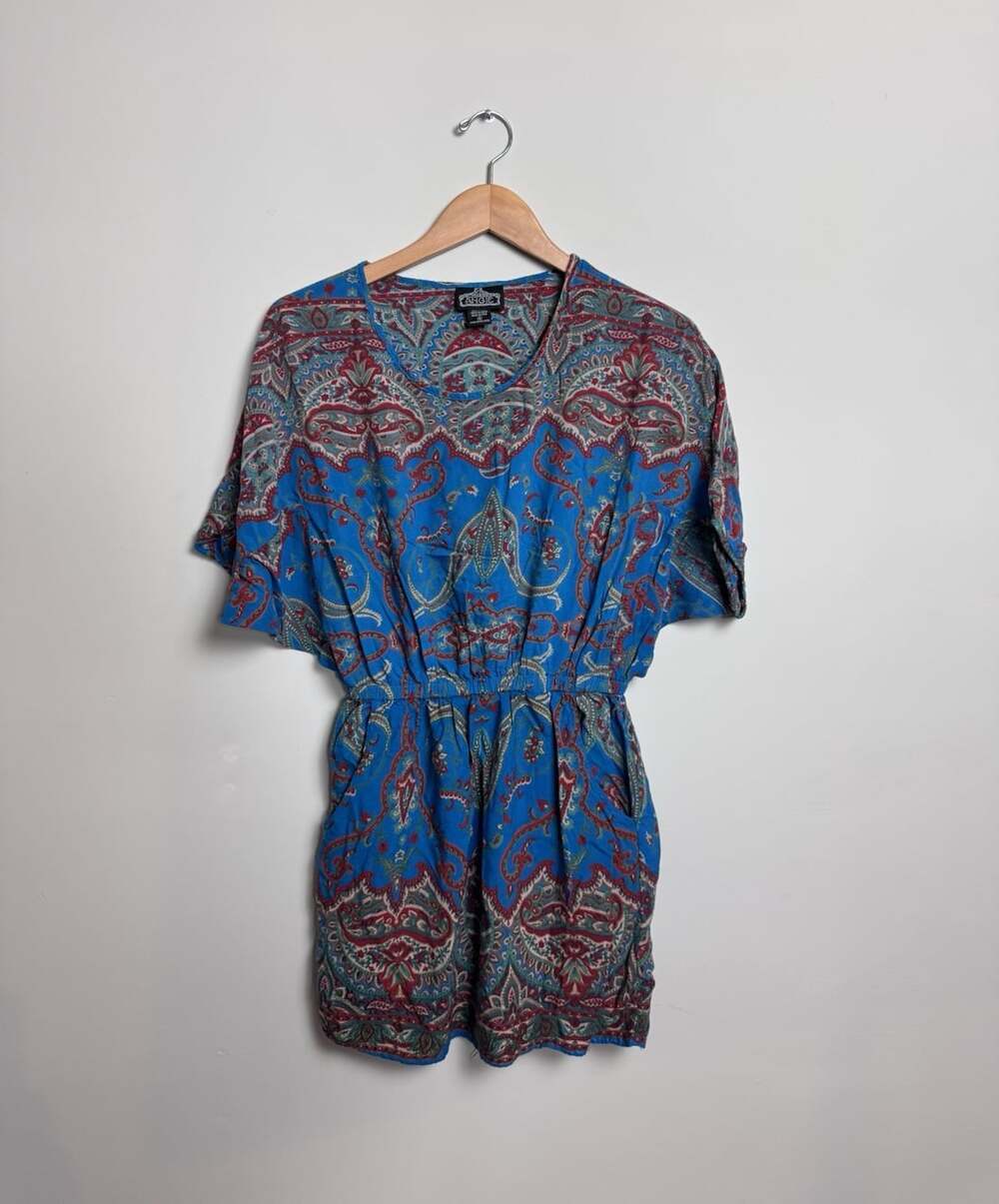 Angie Women’s Blue Paisley Boho Mini Dress Short Sleeve Elastic Waist Size S